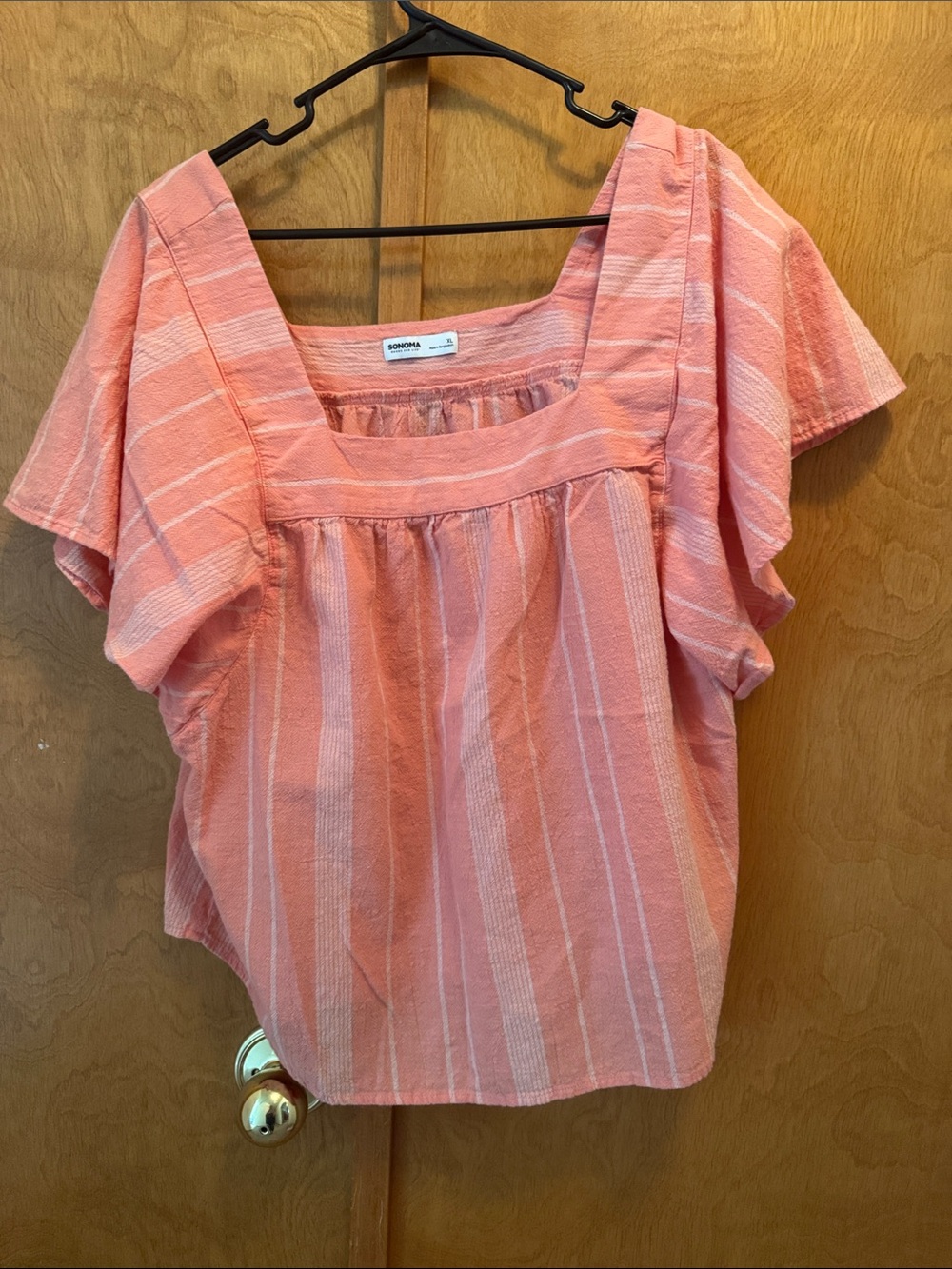 Sonoma Coral Pink Striped Square-Neck Flutter Sleeve Top